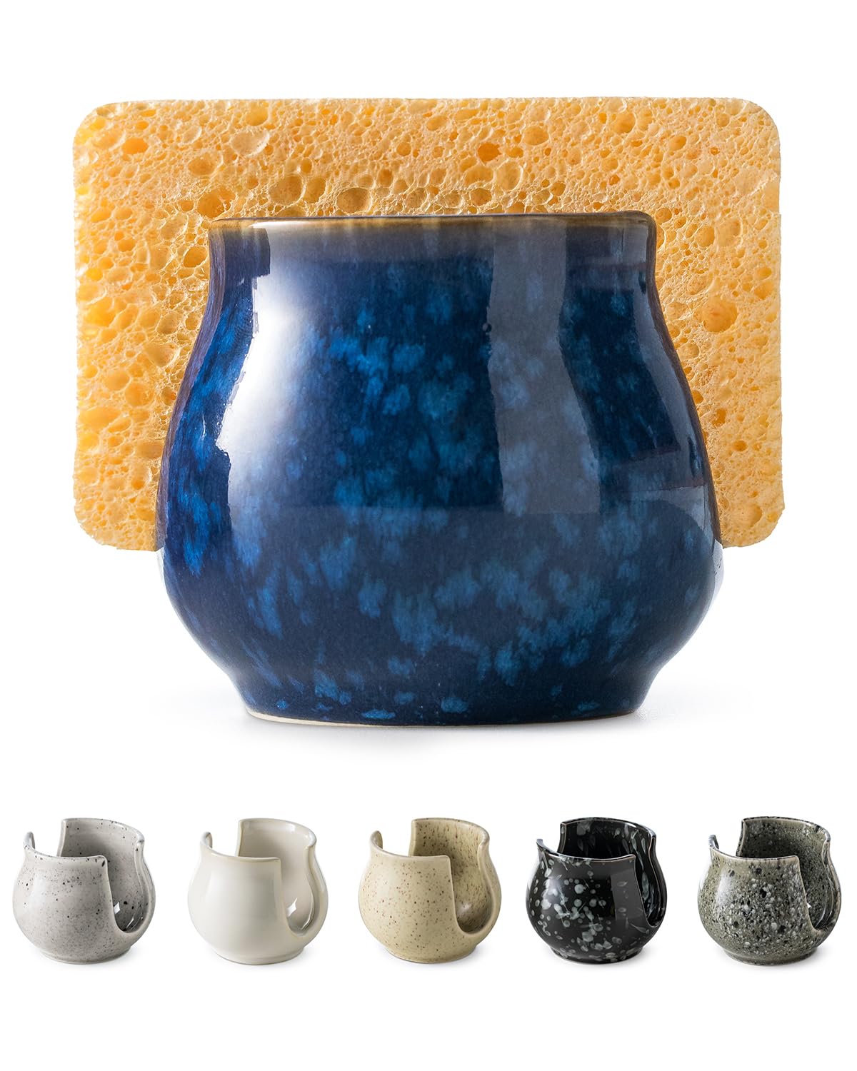 Zoeeker porta-esponjas cerámico azul visto de frente, ideal para mantener la encimera ordenada.