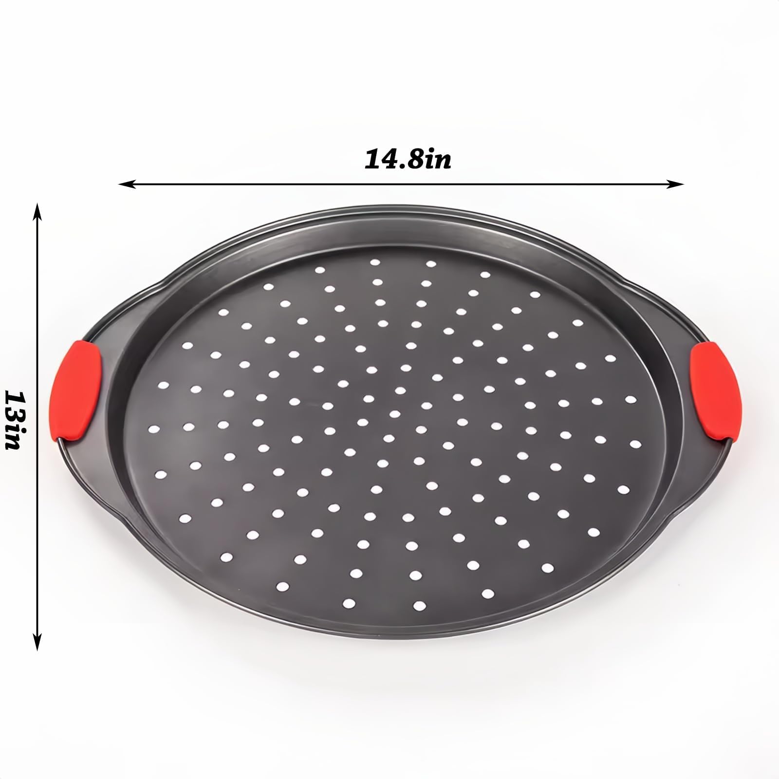 ZOEHROWS 13" pizza pan con mangos de silicona para agarre cómodo.
