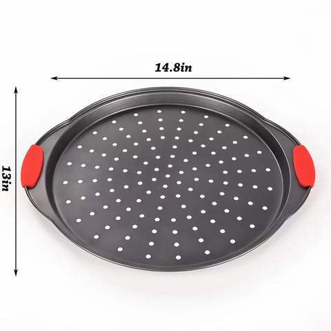 ZOEHROWS 13" pizza pan con mangos de silicona para agarre cómodo.