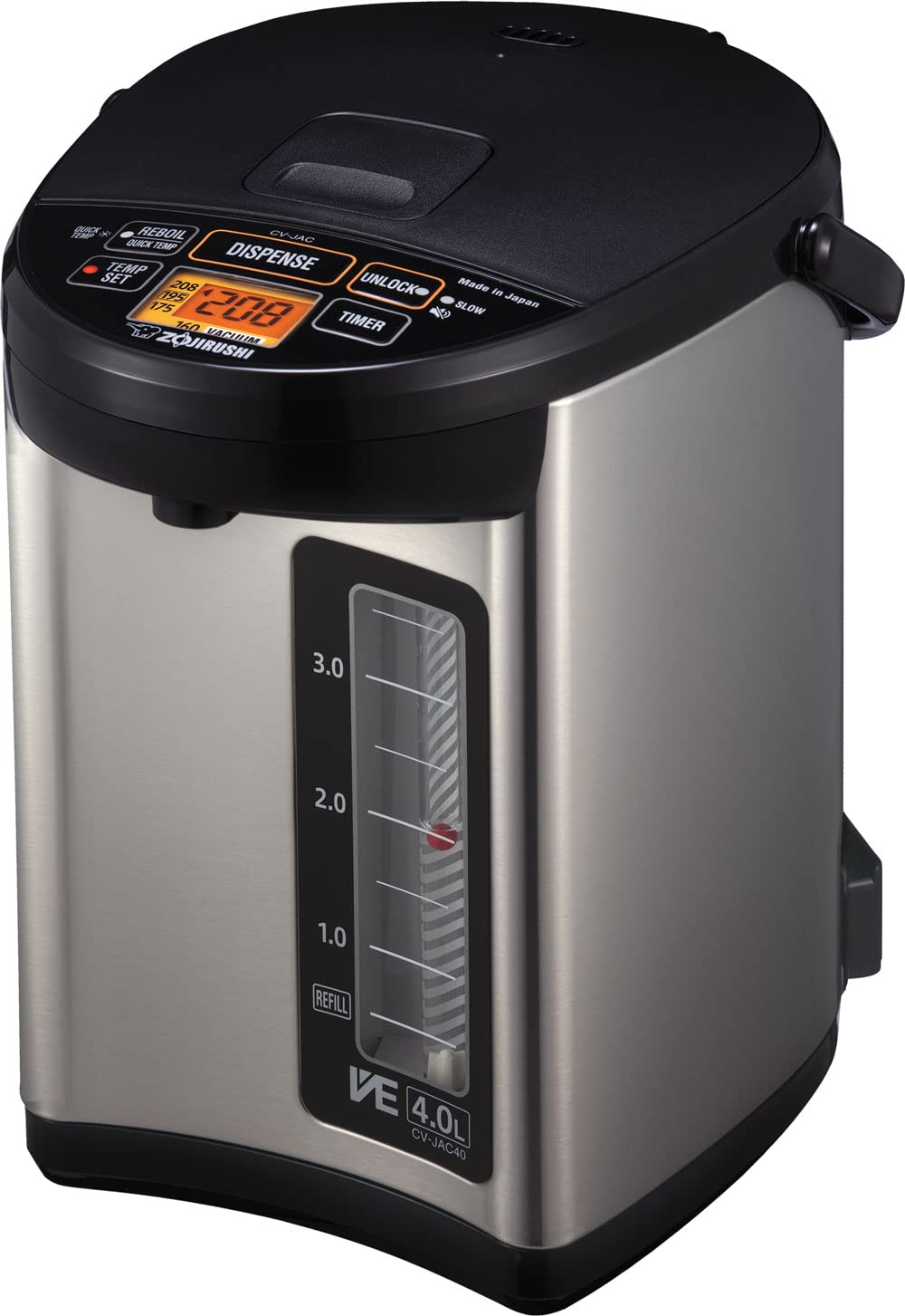 Zojirushi caldera 4L en acero negro muestra el frontal para agua caliente lista.