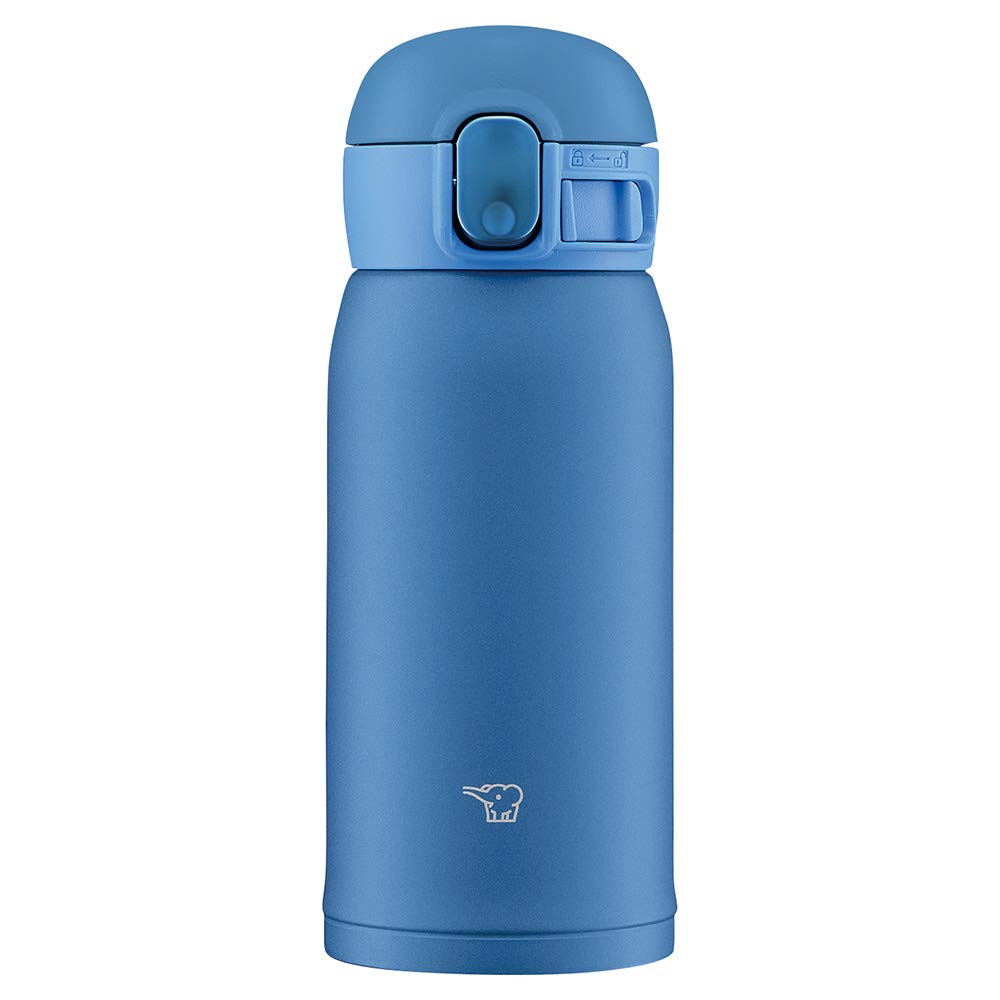 Botella termica Zojirushi SM-WA36-AA azul, vista frontal, conserva bebidas calientes o frías.