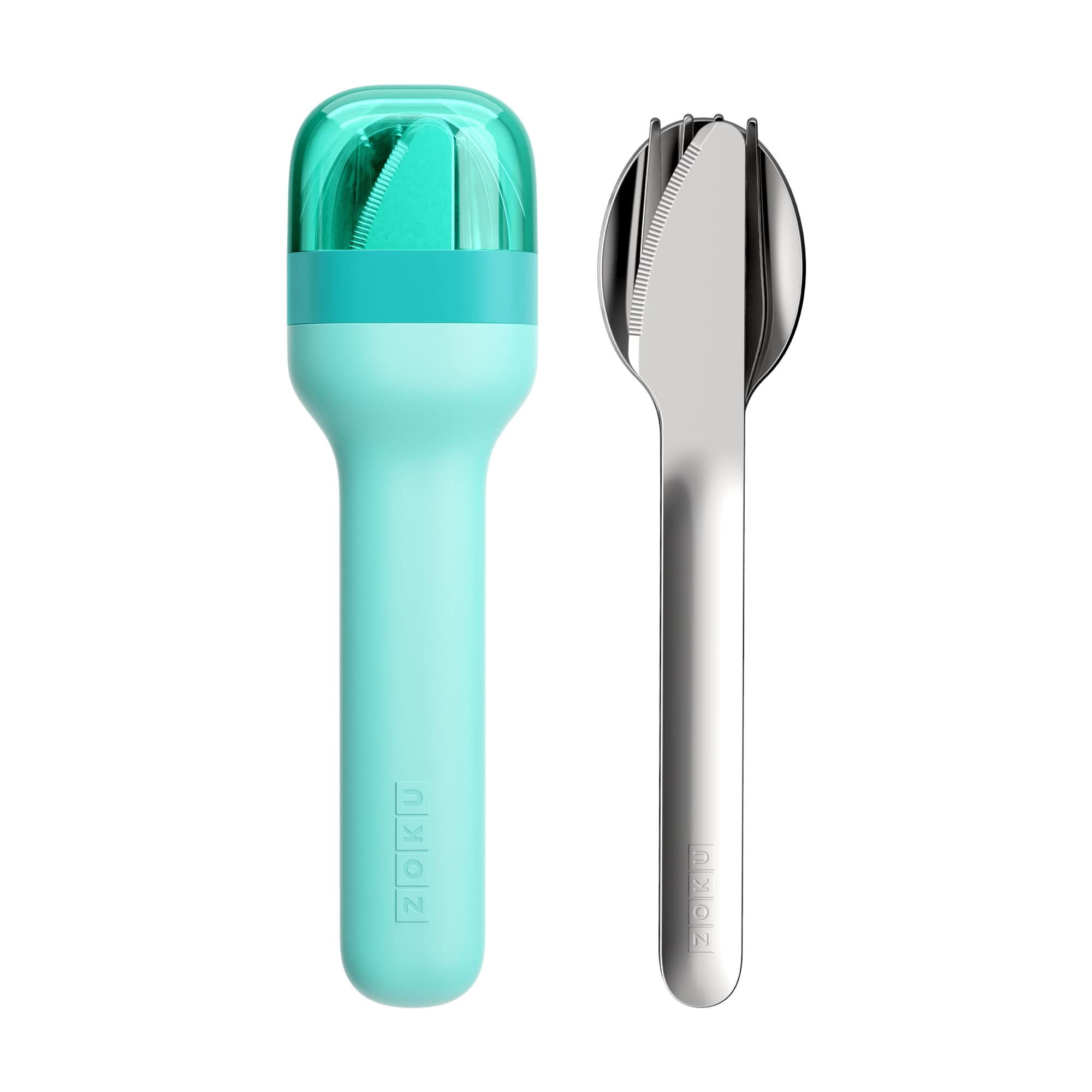 ZOKU cubiertos portátiles turquesa con estuche cerrado para viaje.