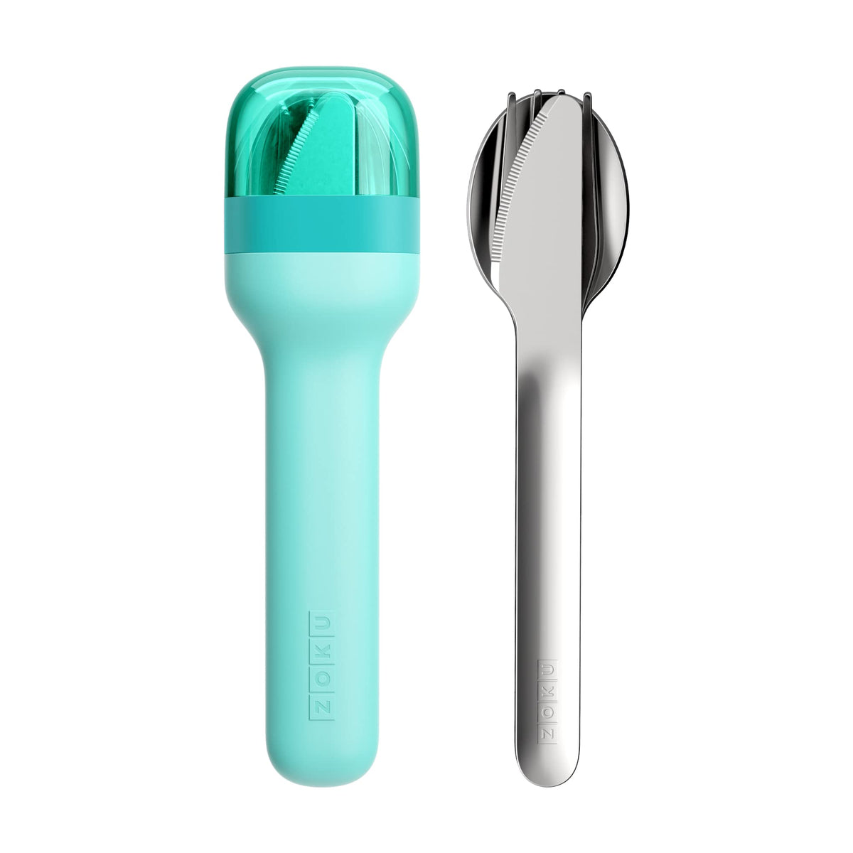 ZOKU cubiertos portátiles turquesa con estuche cerrado para viaje.