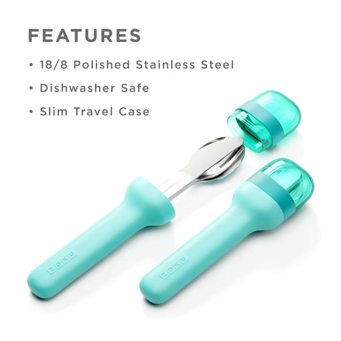 ZOKU 3 en 1 turquesa, cubiertos apilados para ahorrar espacio.