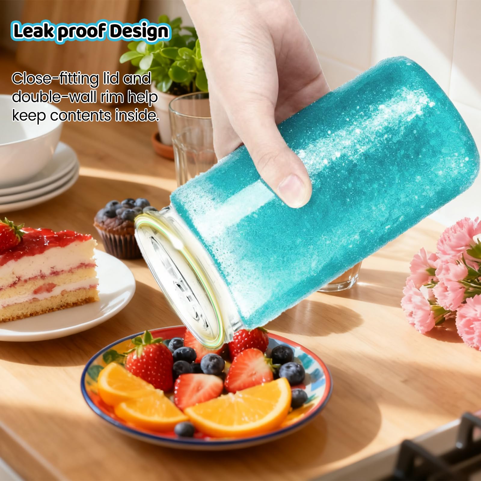 Vaso ZoneGrace con acabado claro, perfecto para exhibir glitter en eventos.