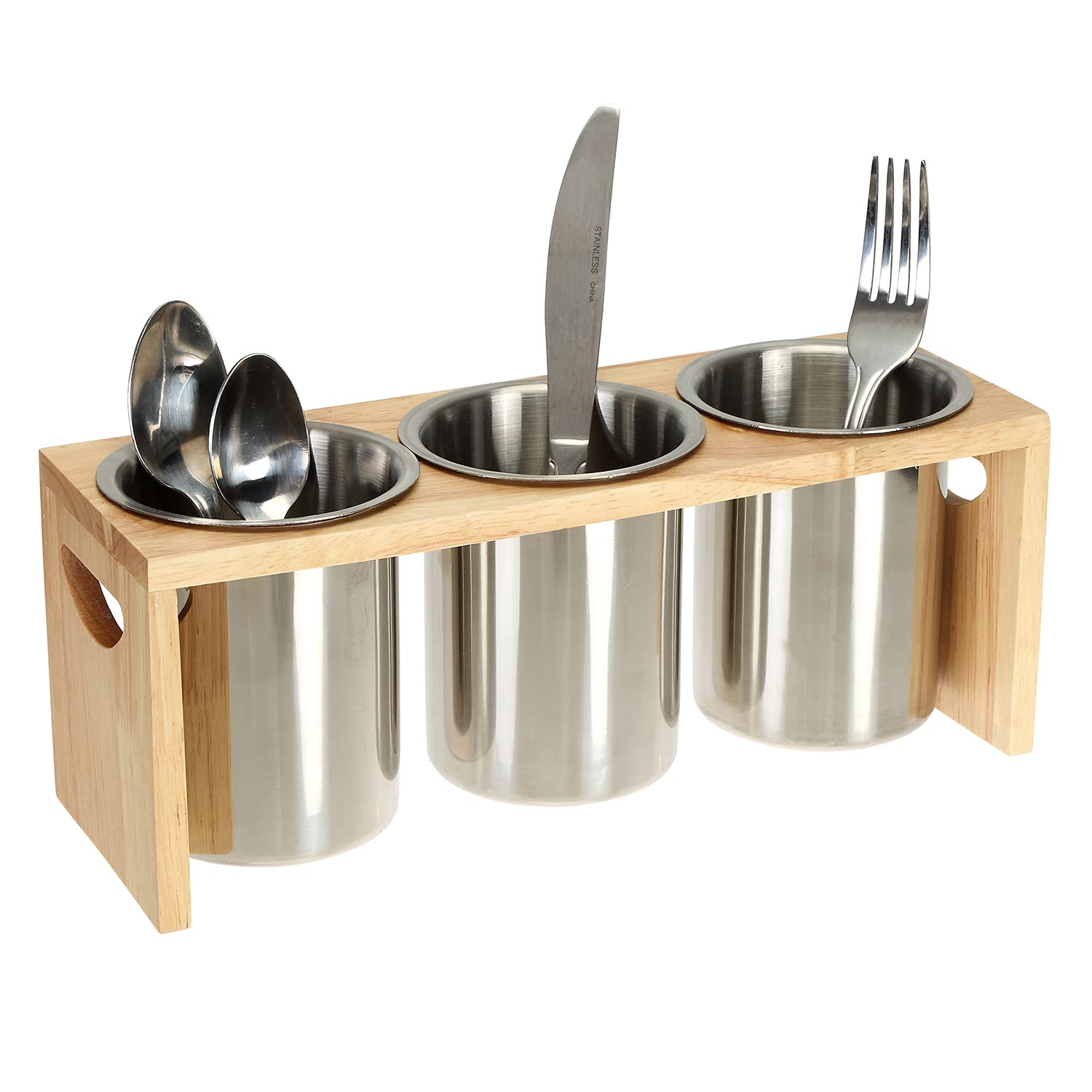 ZOOFOX porta-cubiertos de acero inoxidable con base de madera para un secado rápido