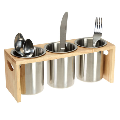 ZOOFOX porta-cubiertos de acero inoxidable con base de madera para un secado rápido