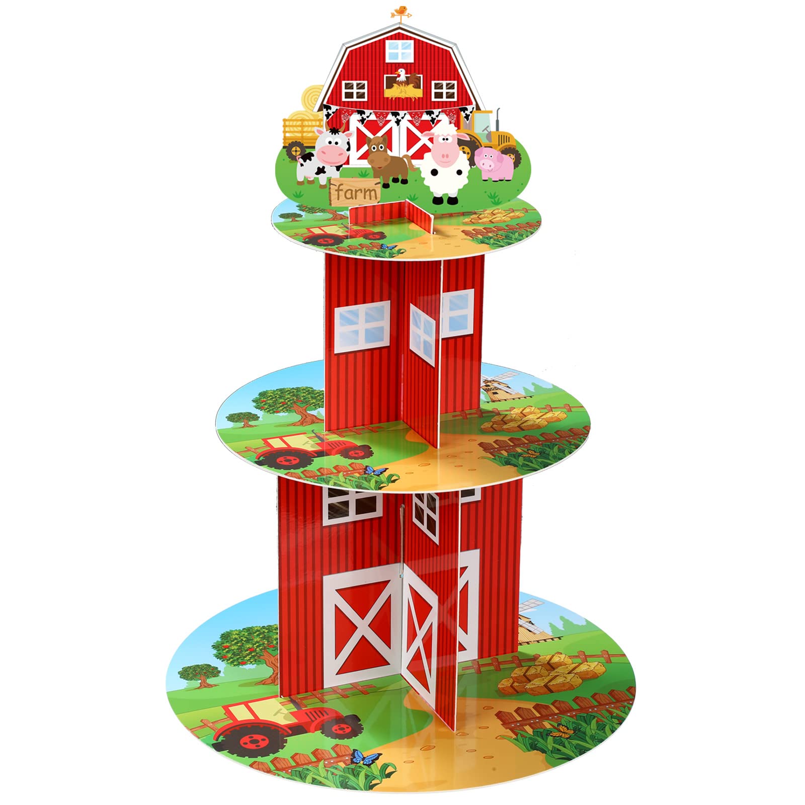 Portacupcakes de granja Zopeal, vista frontal de tres niveles, ideal para fiestas infantiles.