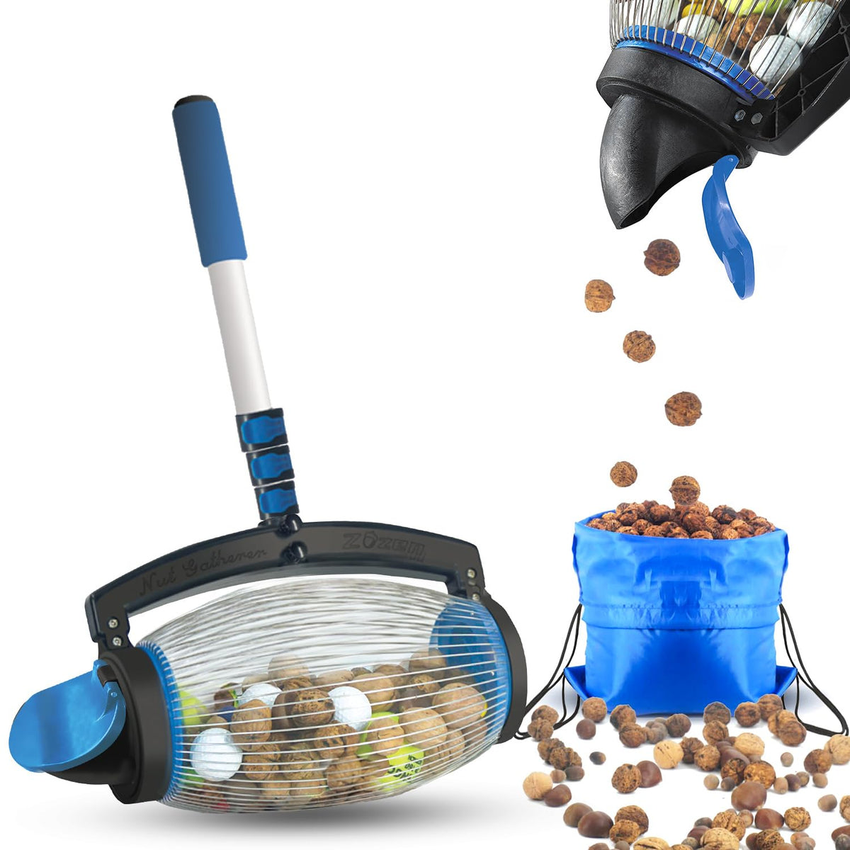 Zozen recolector de nueces con tubo telescópico, facilita la recolección sin doblarte.