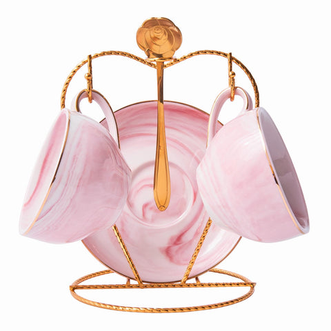 ZPGXLRZ juego tazas espresso cerámica con platillos y soporte, rosa, ideal para servicio elegante