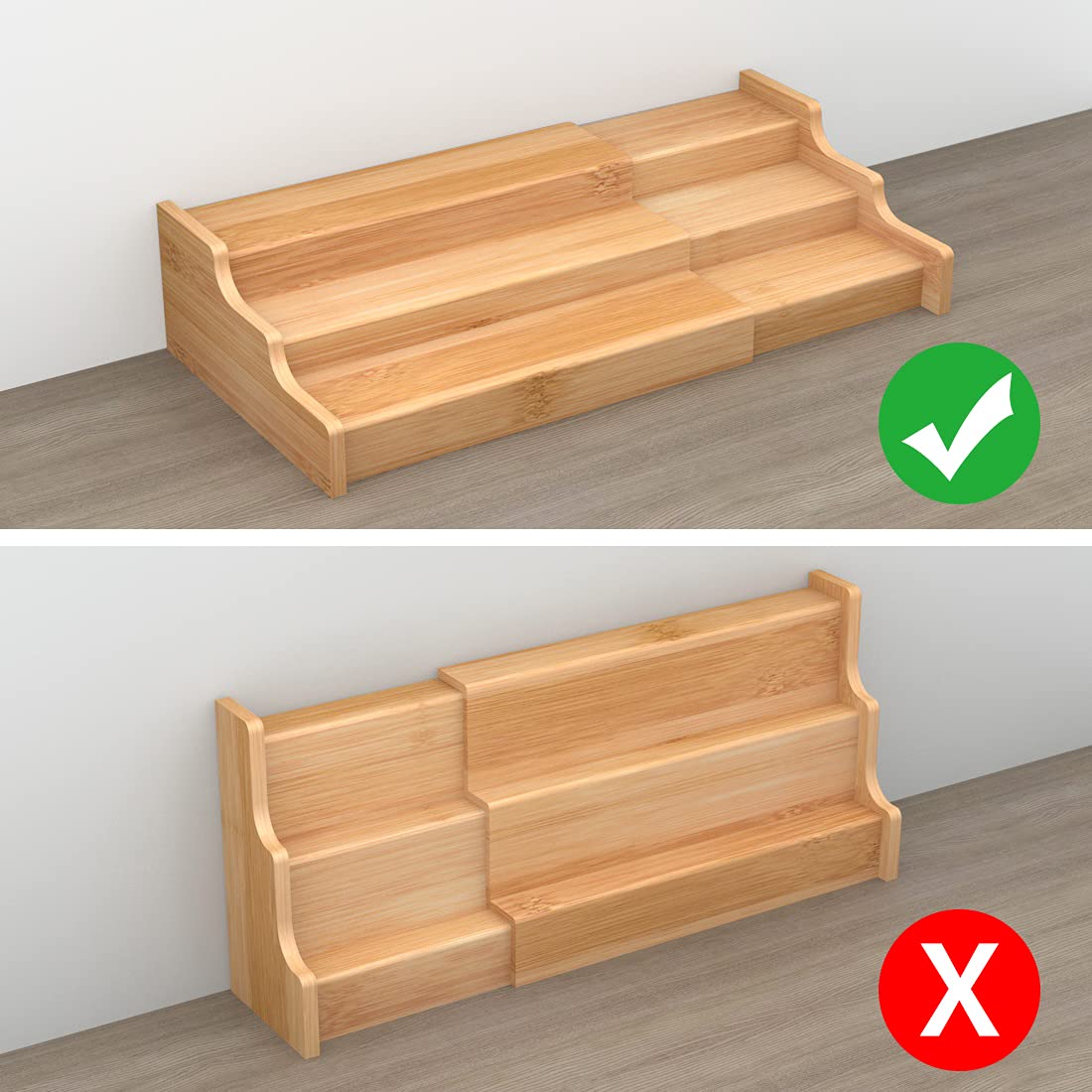 Zri Bamboo Estantes 3 niveles extendible, muestra la capacidad ajustable para adaptar al espacio