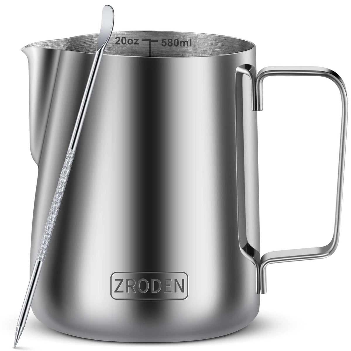 Jarro Zroden 20 onzas en primer plano, ideal para espumar leche en casa.
