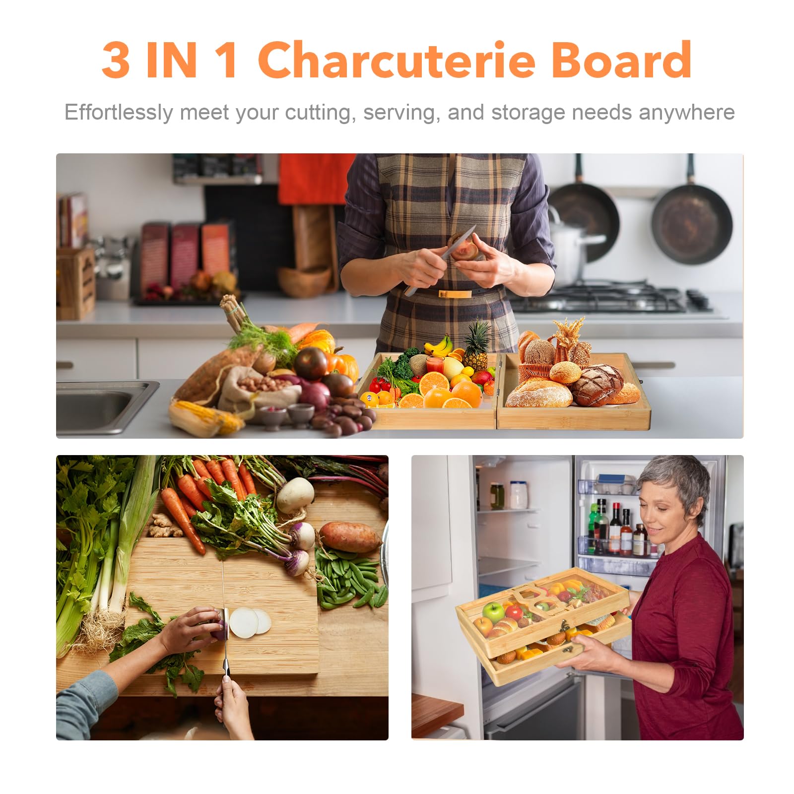 Tablero de charcutería de bambú ecológico, diseño único para comidas al aire libre.