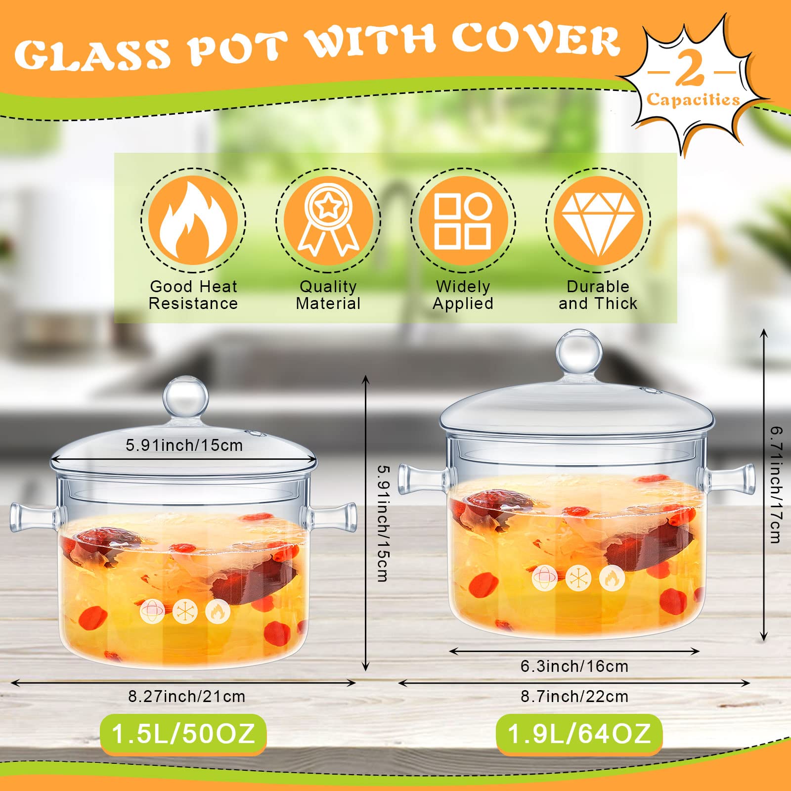 Olla de vidrio Zubebe 1.9L con tapa, perfecta para guisos y caldos