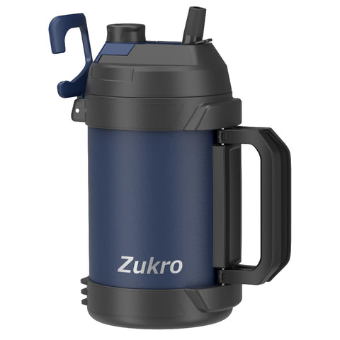 Vaso Zukro 1 galón en acero inoxidable, frente azul, gran capacidad de hidratación.