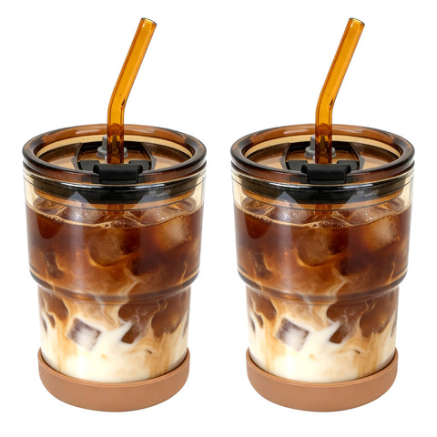 Vaso Zukro de vidrio grueso con tapa y pajilla, ideal para bebidas frías