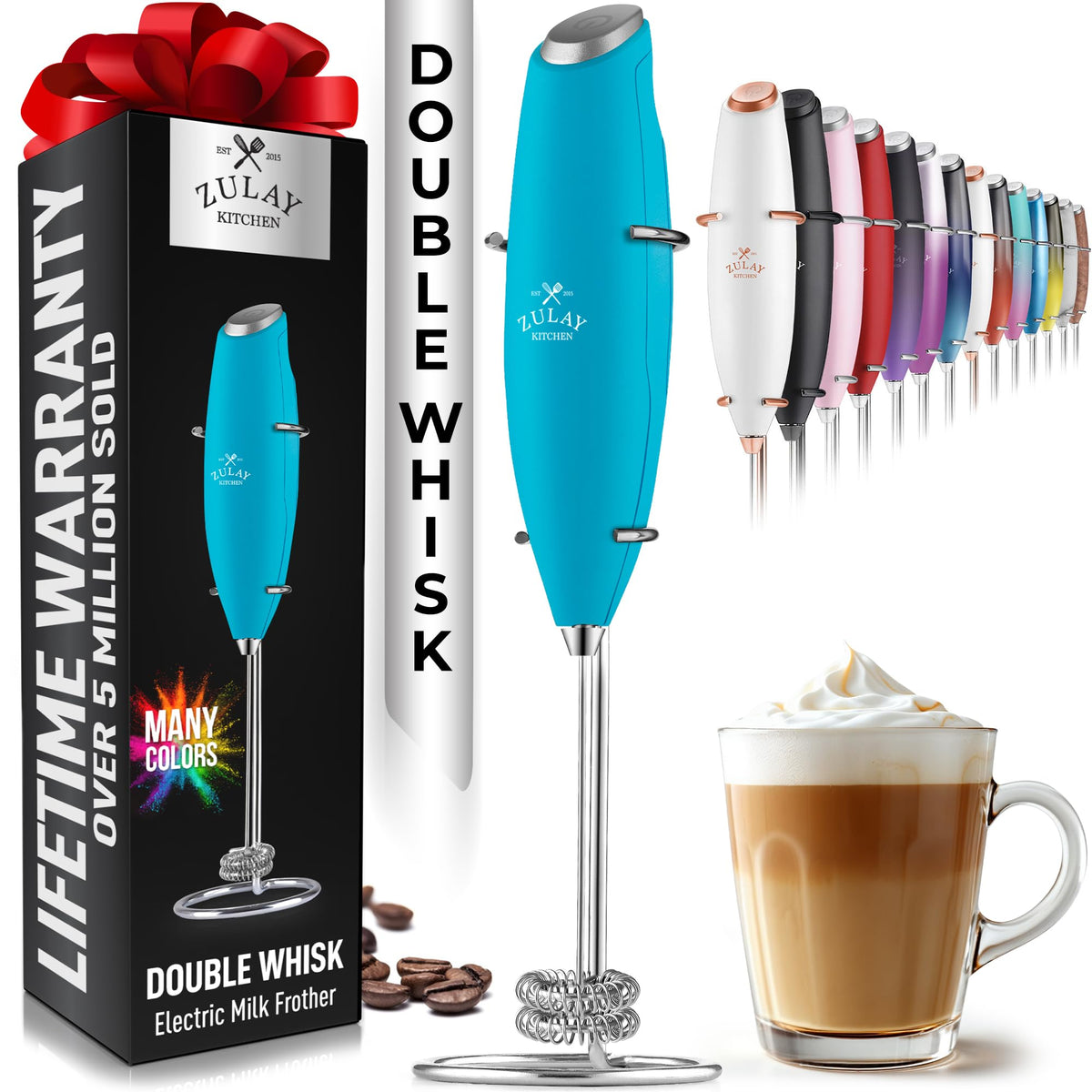 Zulay Kitchen batidora doble leche turquesa: espuma cremosa para café.
