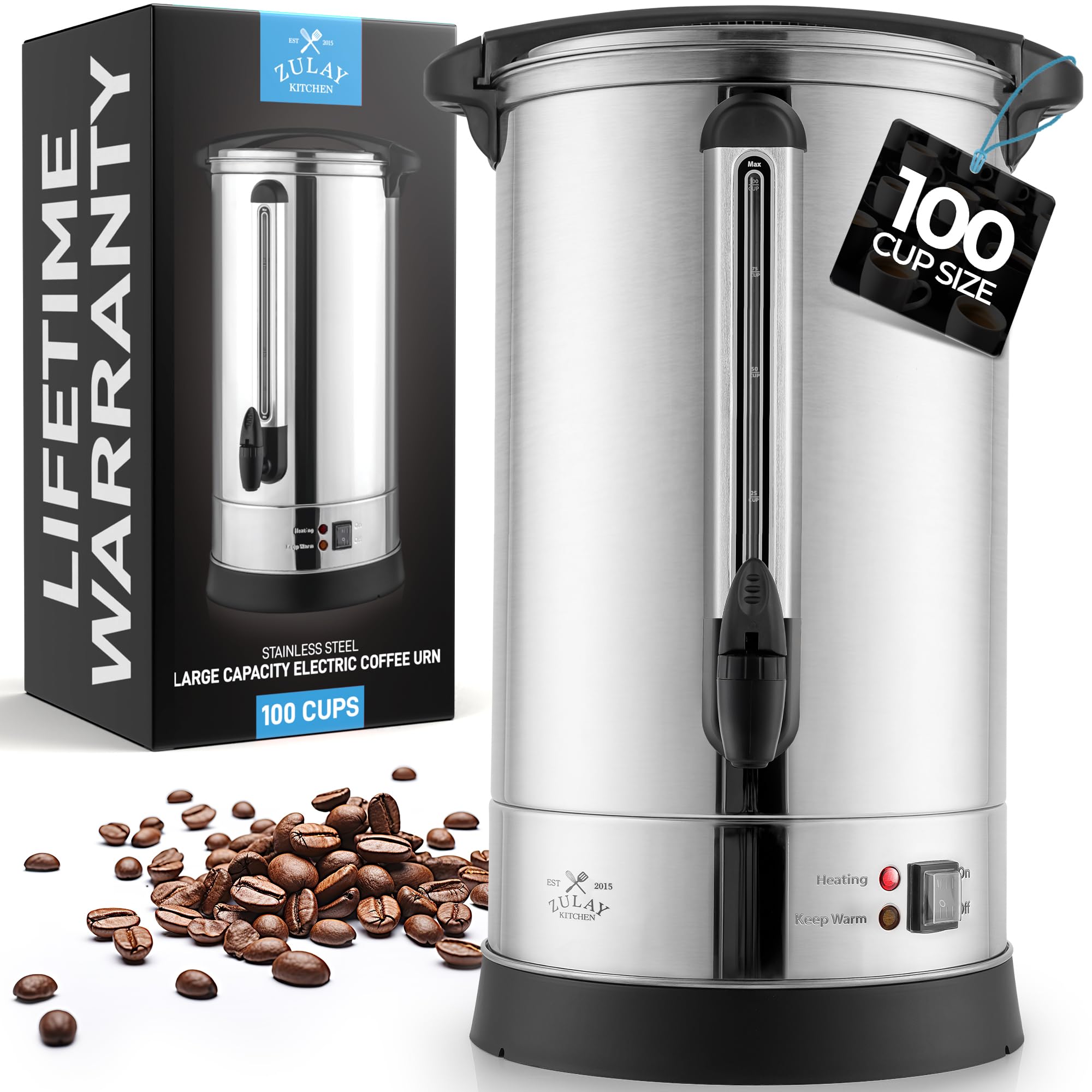 Cafetera Zulay comercial de 100 tazas, vista frontal para eventos