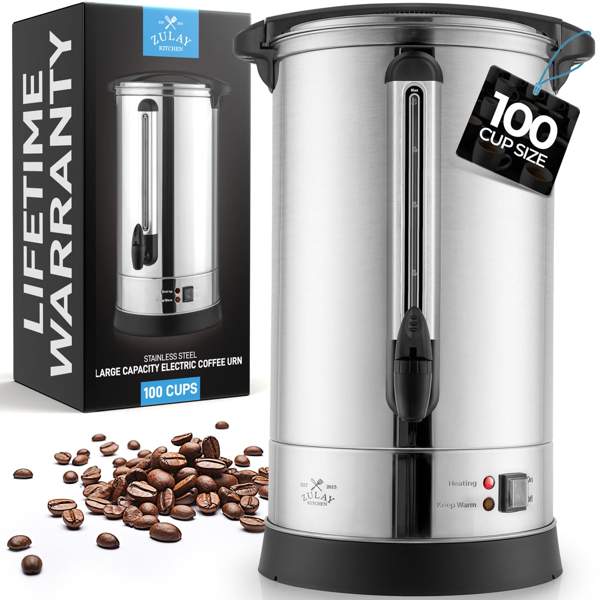 Cafetera Zulay comercial de 100 tazas, vista frontal para eventos