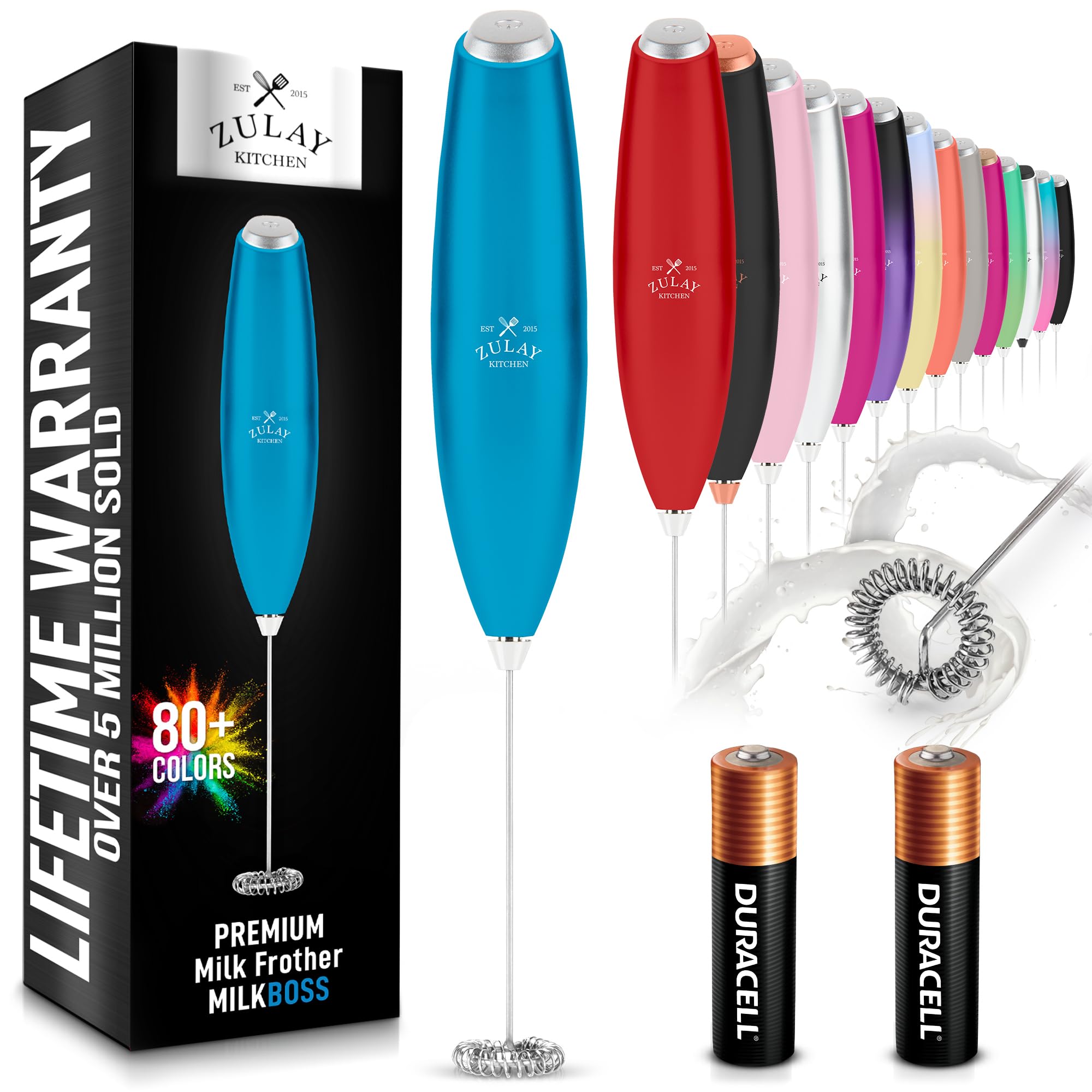 Zulay Kitchen batidor leche mano azul metalico genera espuma suave para cafe