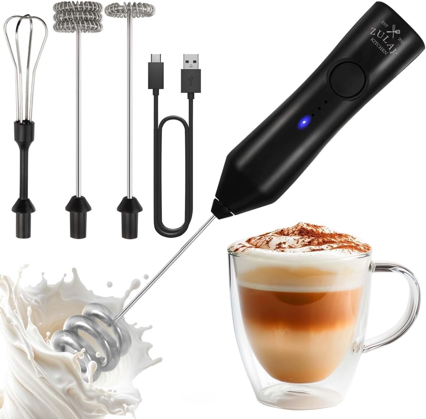 Batidora Zulay Kitchen recargable con 3 velocidades, ideal para espumar café.