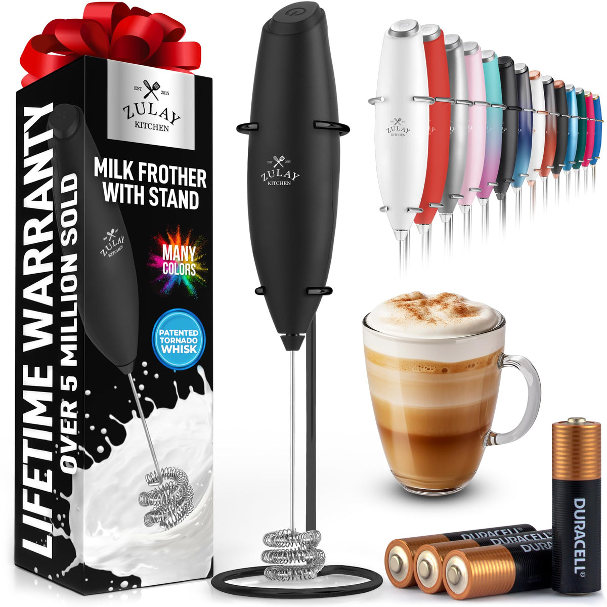 Zulay Kitchen batidora tornado triple en mano con taza para espumar café rápido