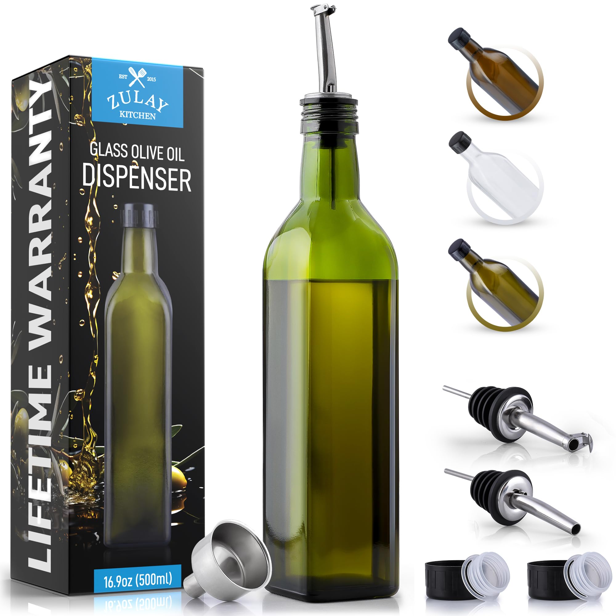 Botella Zulay Kitchen para aceite de oliva con vidrio verde, ideal para verter con precisión.