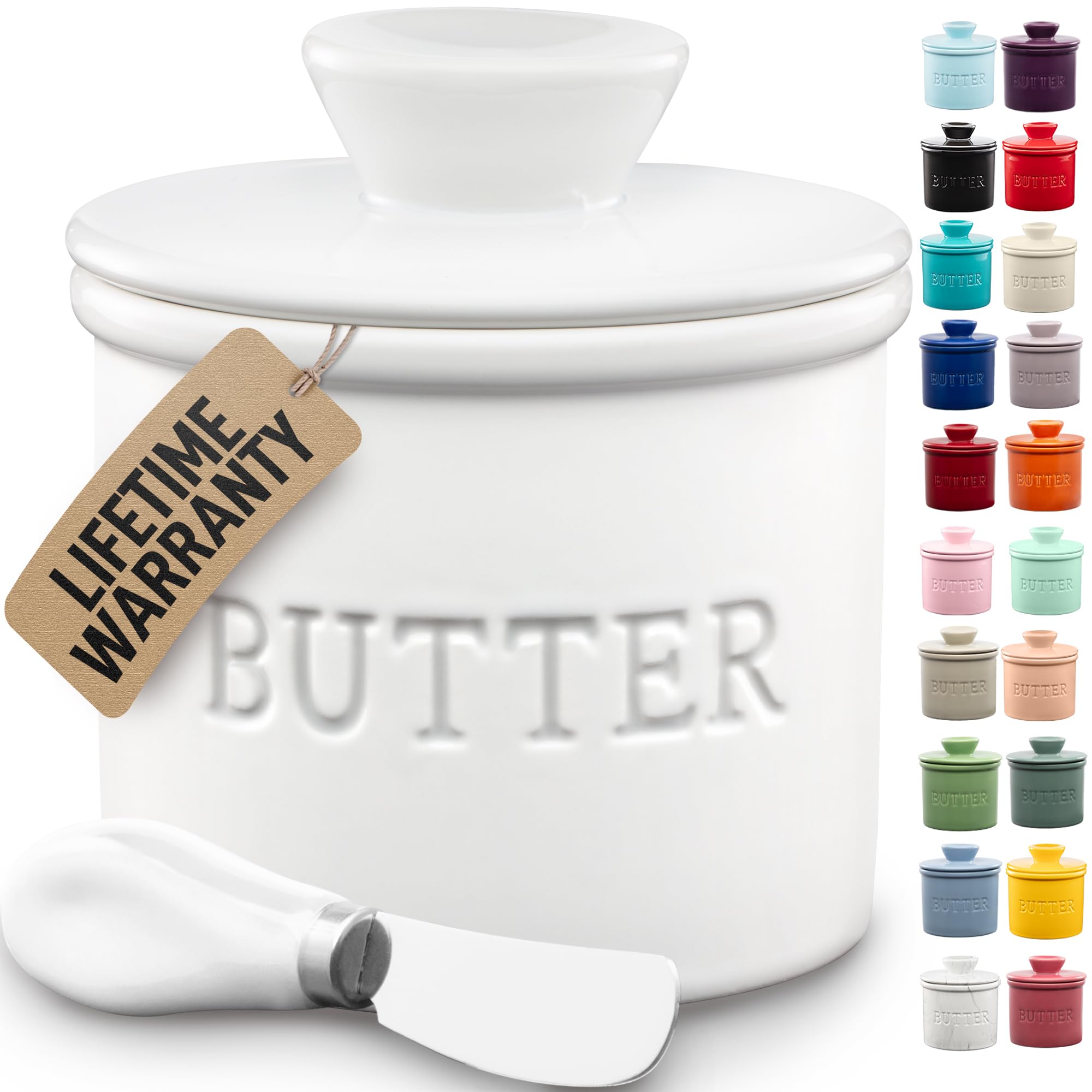 La Zulay Kitchen Butter Crock con tapa y línea de agua mantiene la mantequilla lista para untar.
