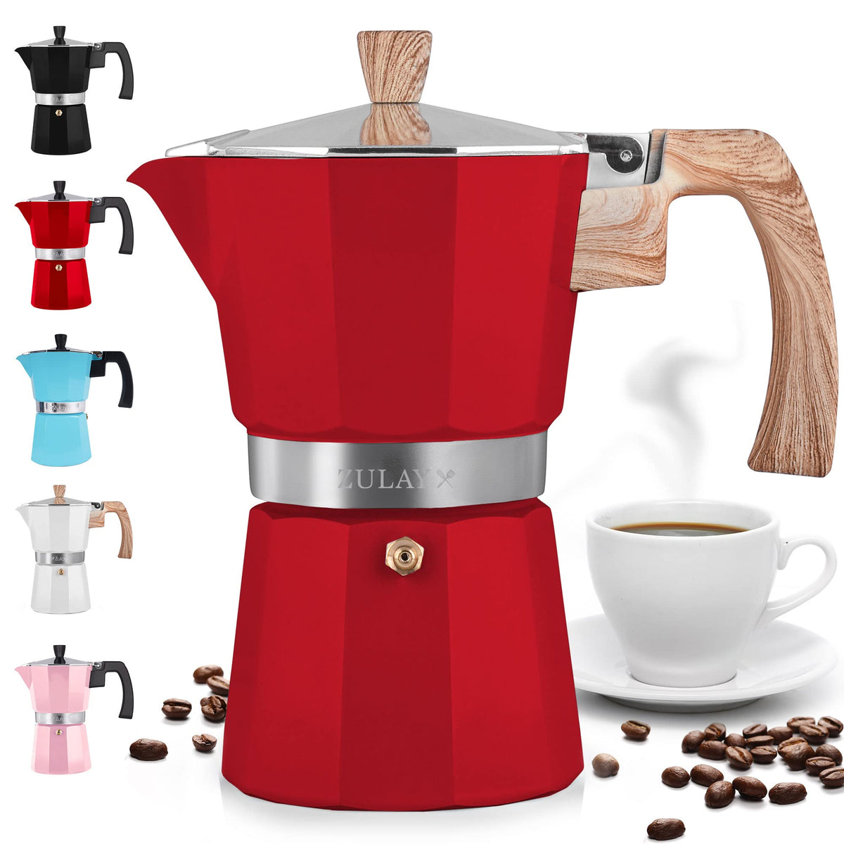 Cafetera moka Zulay Kitchen de 6 tazas roja para café expreso intenso en casa.