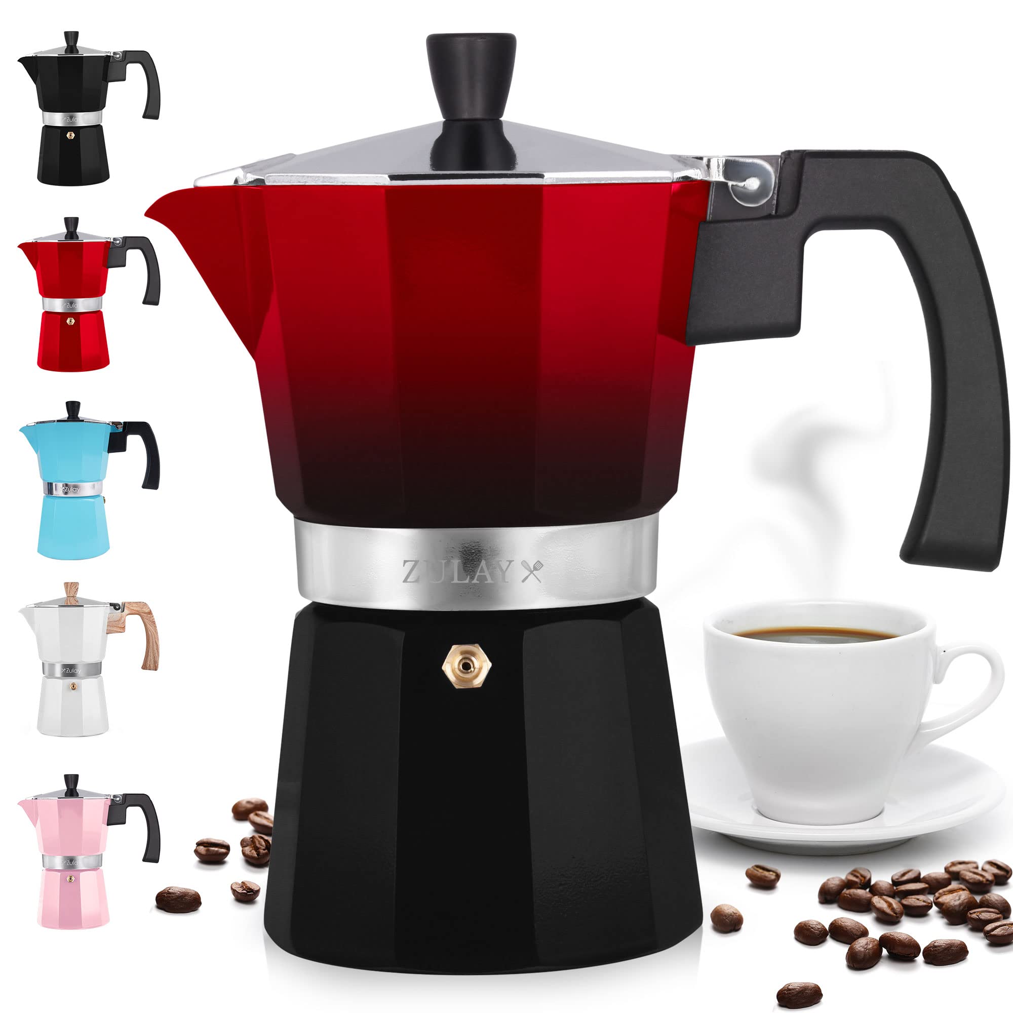 Cafetera moka Zulay para estufa con 3 tazas rojas y negras, ideal para espresso rápido.