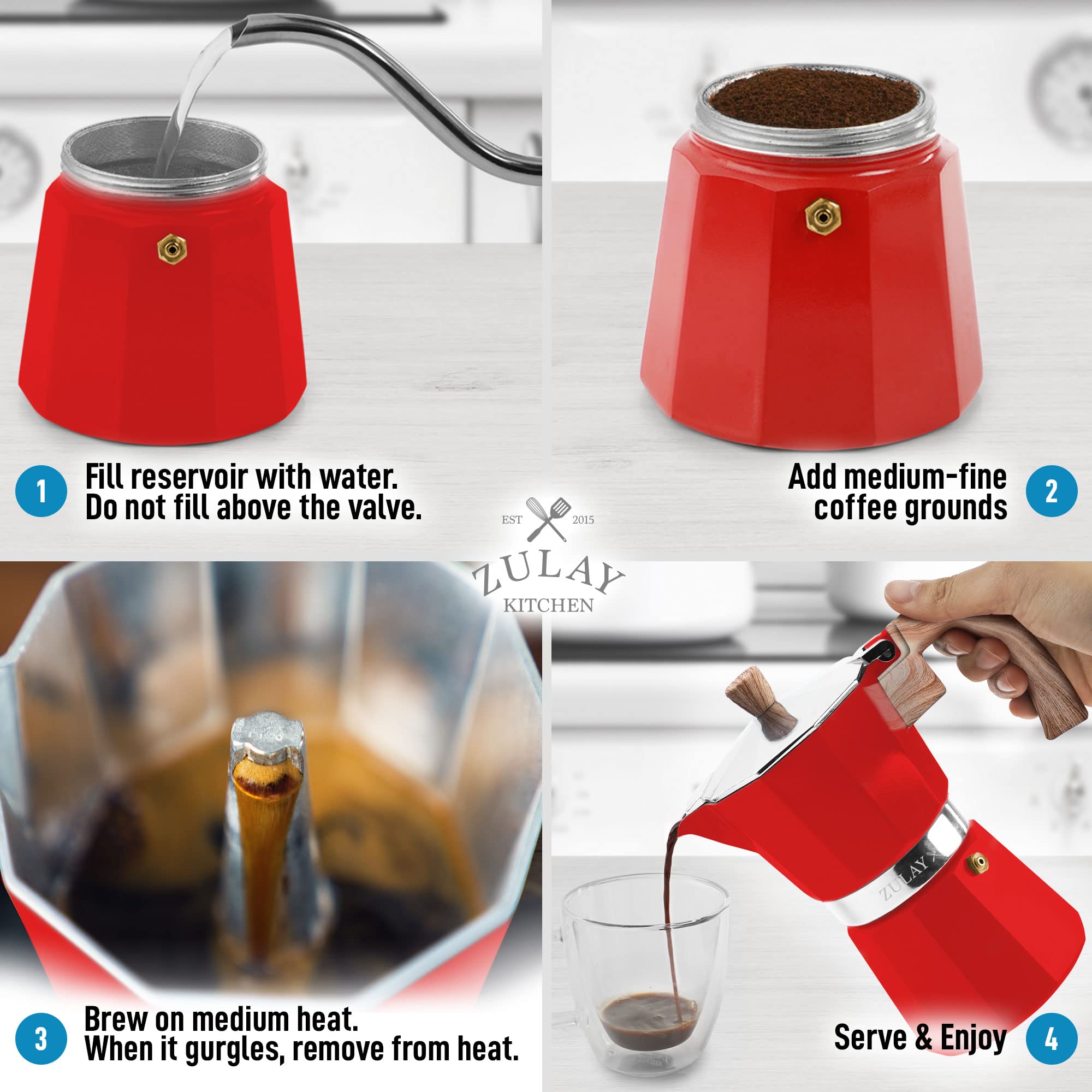 Cafetera moka Zulay Kitchen, capacidad de 60 ml por taza para café expreso suave.