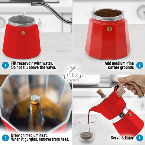 Cafetera moka Zulay Kitchen, capacidad de 60 ml por taza para café expreso suave.