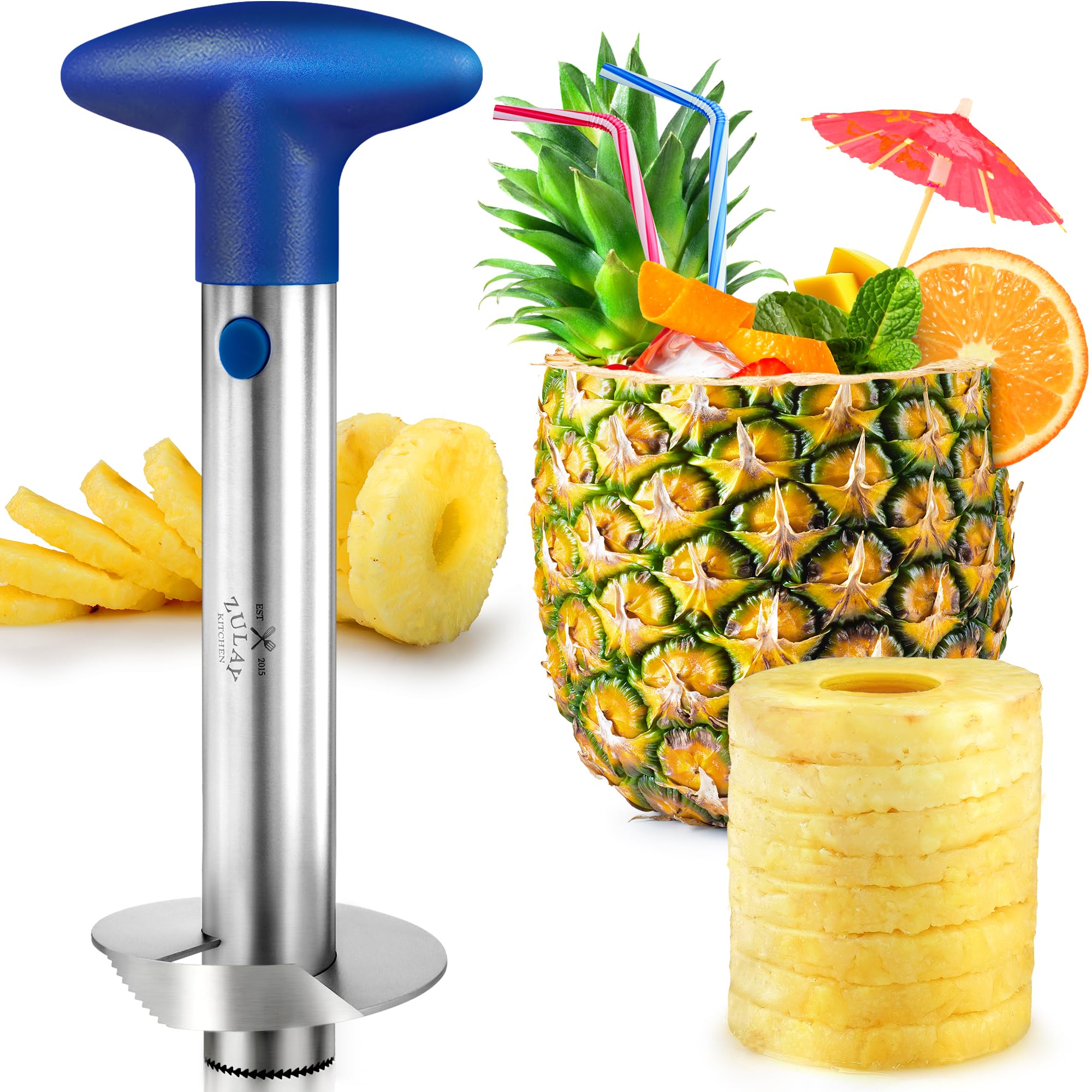 Zulay Kitchen Cortador-pina facilita corte rápido y preciso para piñas frescas.