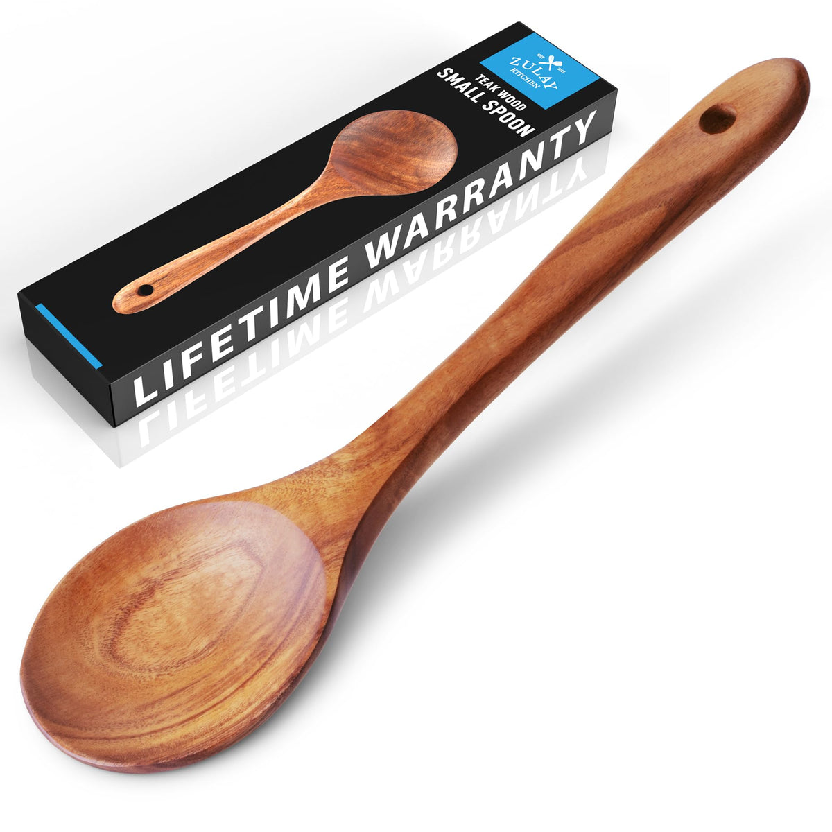 Cucharón Zulay Kitchen de teca 9.4 pulgadas facilita mezclar y servir sin rayar.