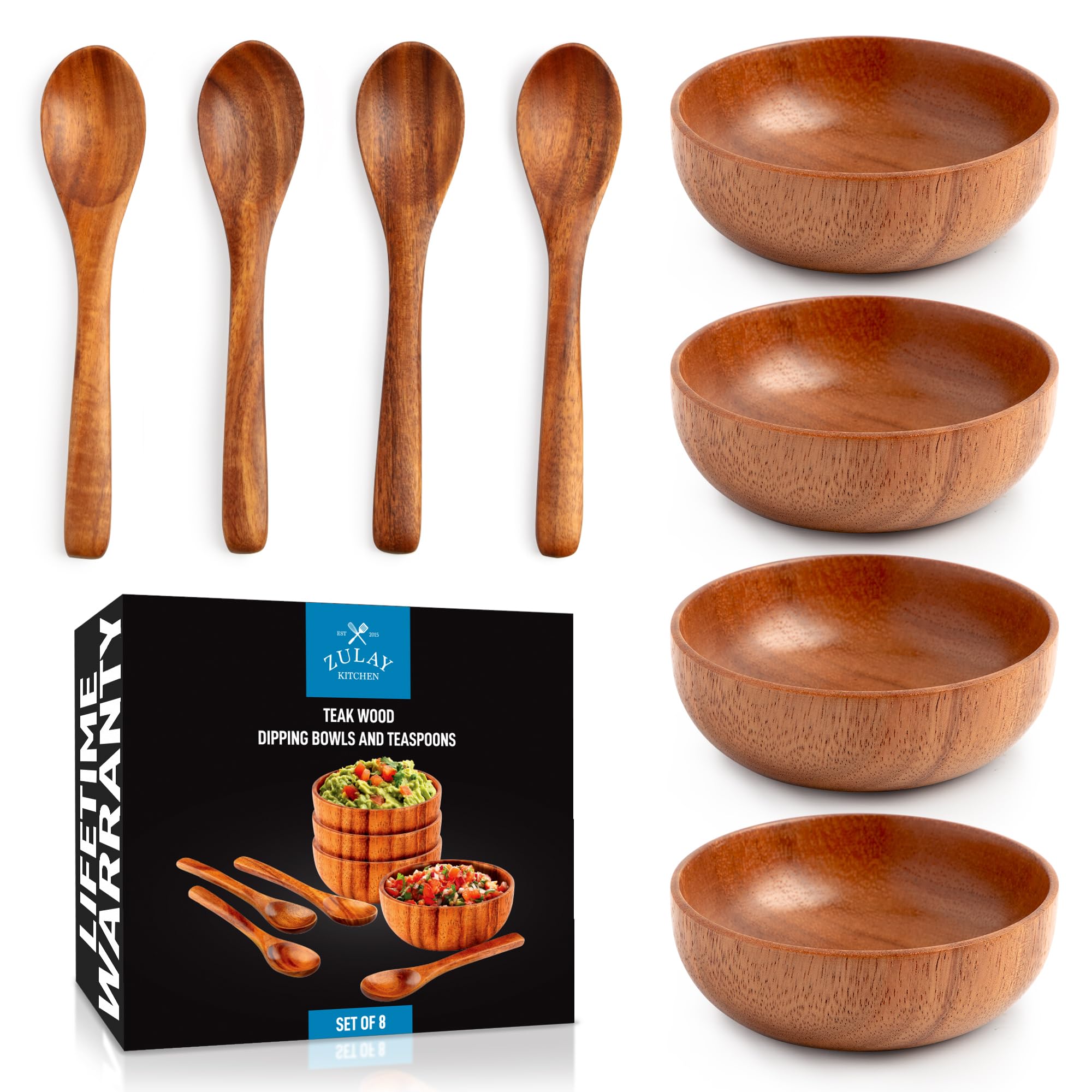 Cuencos teca para salsas Zulay Kitchen muestran acabado natural y duradero.