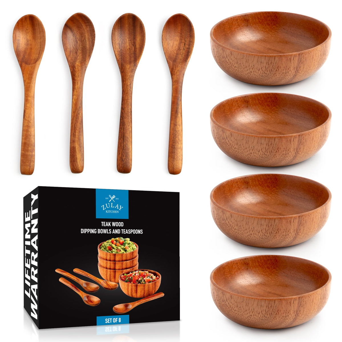 Cuencos teca para salsas Zulay Kitchen muestran acabado natural y duradero.