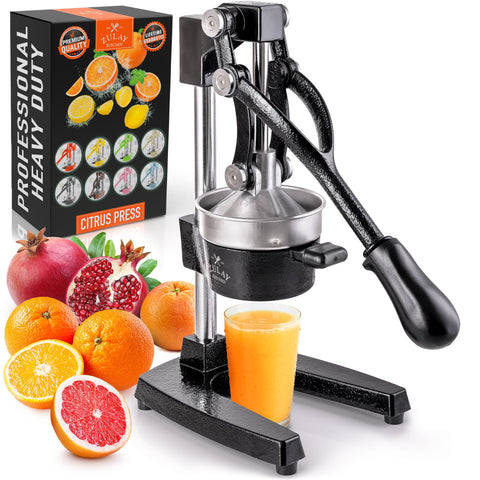Exprimidor Zulay Kitchen de hierro forjado negro para jugos frescos sin semillas.