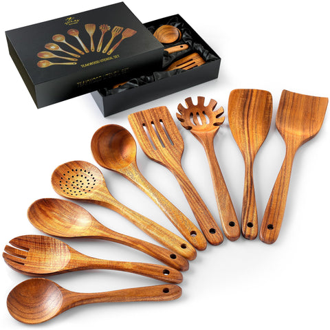 Zulay Kitchen: juego de utensilios de teca 9 piezas para cocinar y servir con precisión.
