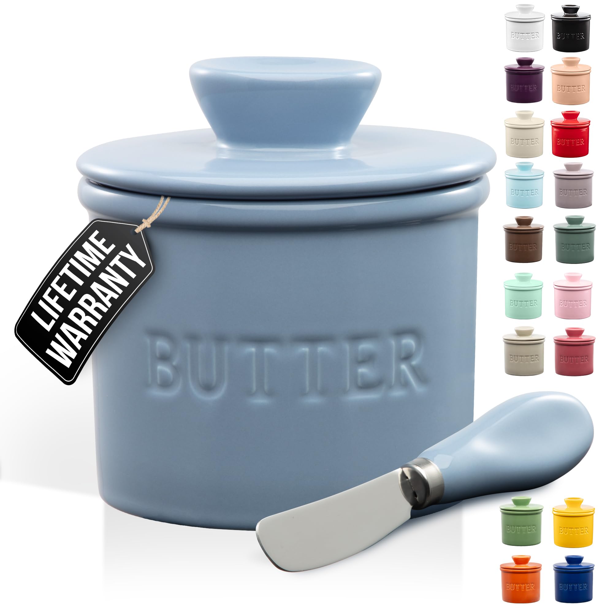 Zulay Kitchen mantequillera de porcelana azul gris con tapa para mantequilla fresca y untable