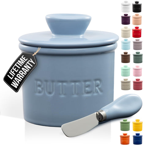 Zulay Kitchen mantequillera de porcelana azul gris con tapa para mantequilla fresca y untable
