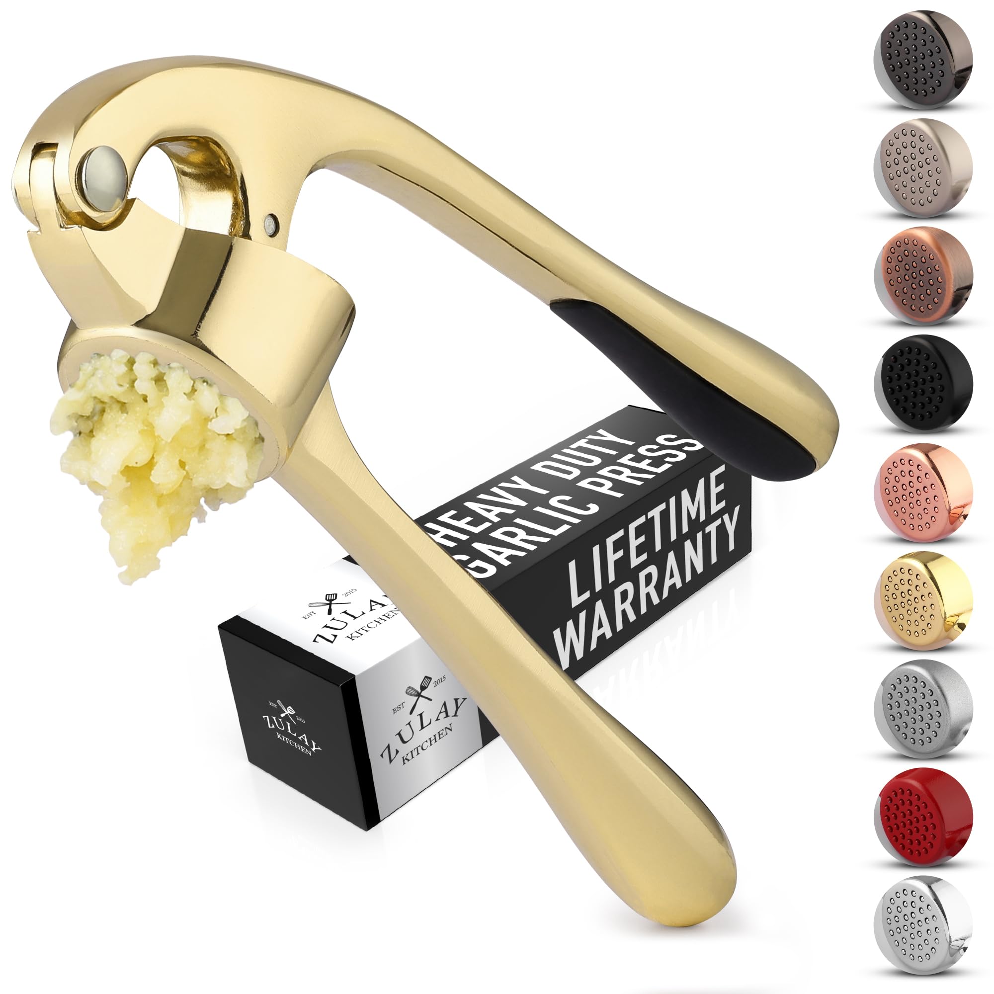 Prensa Zulay Kitchen premium en dorado con mango ergonómico para mayor comodidad.