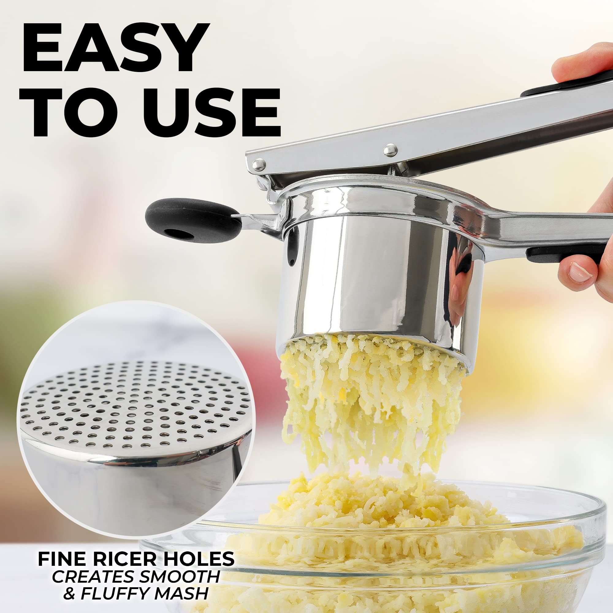 Prensapatatas Zulay Kitchen con perforaciones de 3 mm para puré fino y sin grumos.