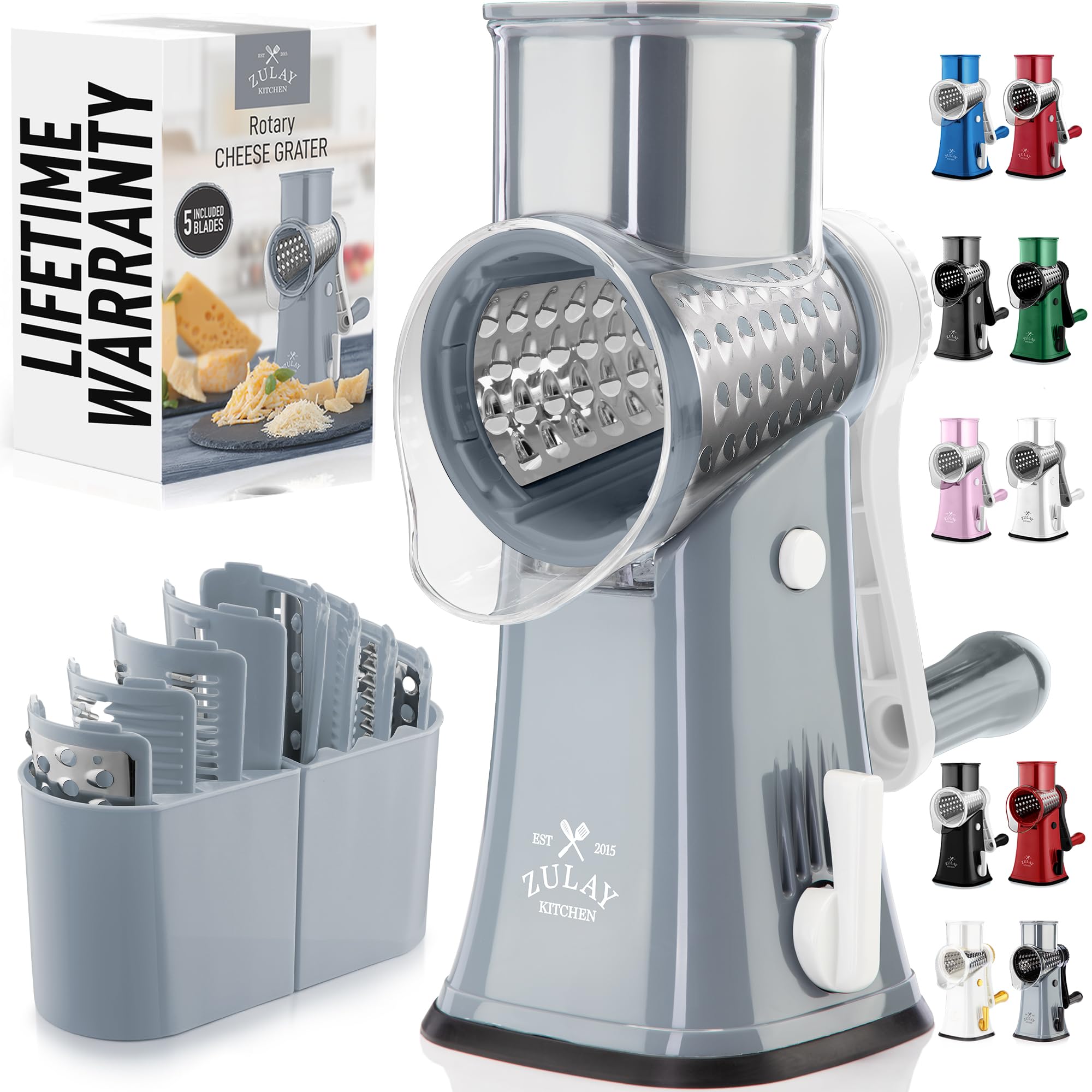 Rallador Zulay Kitchen con 5 placas intercambiables para queso y vegetales, uso seguro.