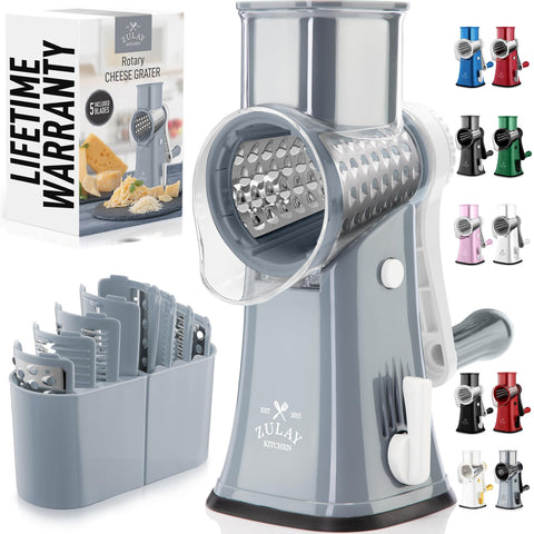 Rallador Zulay Kitchen con 5 placas intercambiables para queso y vegetales, uso seguro.
