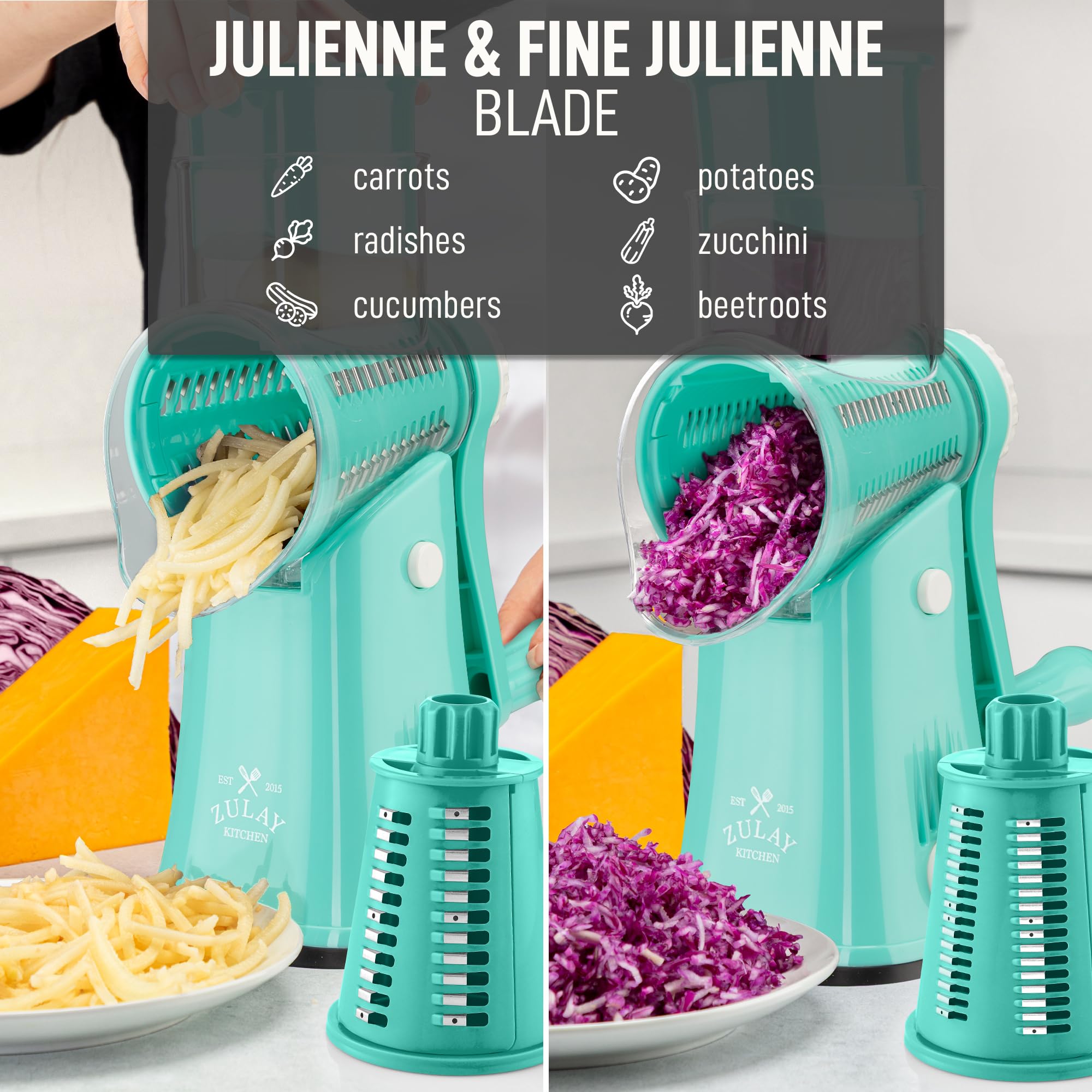 Limpieza fácil de Zulay Kitchen Rallador Queso Giratorio; apto para lavavajillas.