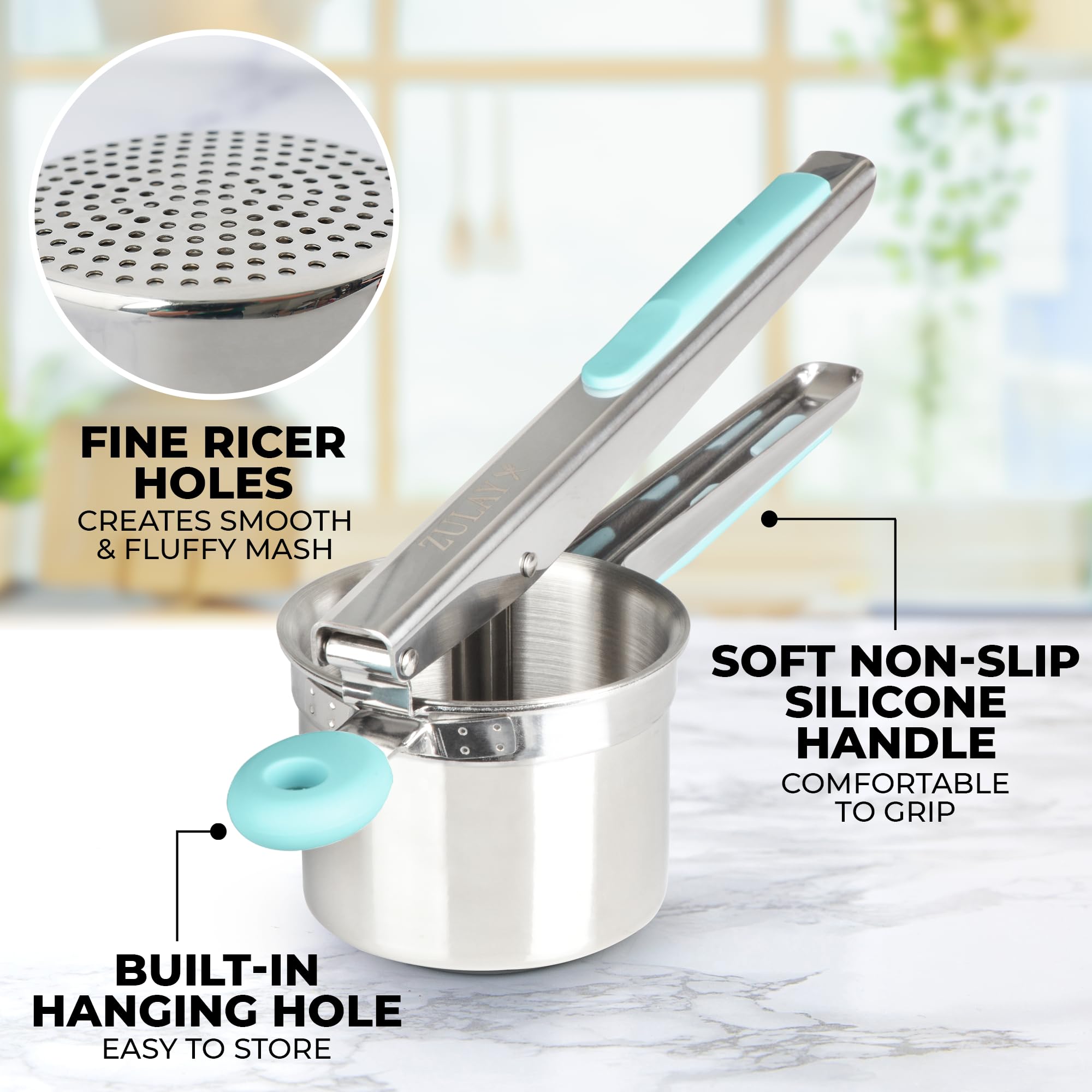 Mango ergonómico Zulay Kitchen Ricer para un agarre cómodo.