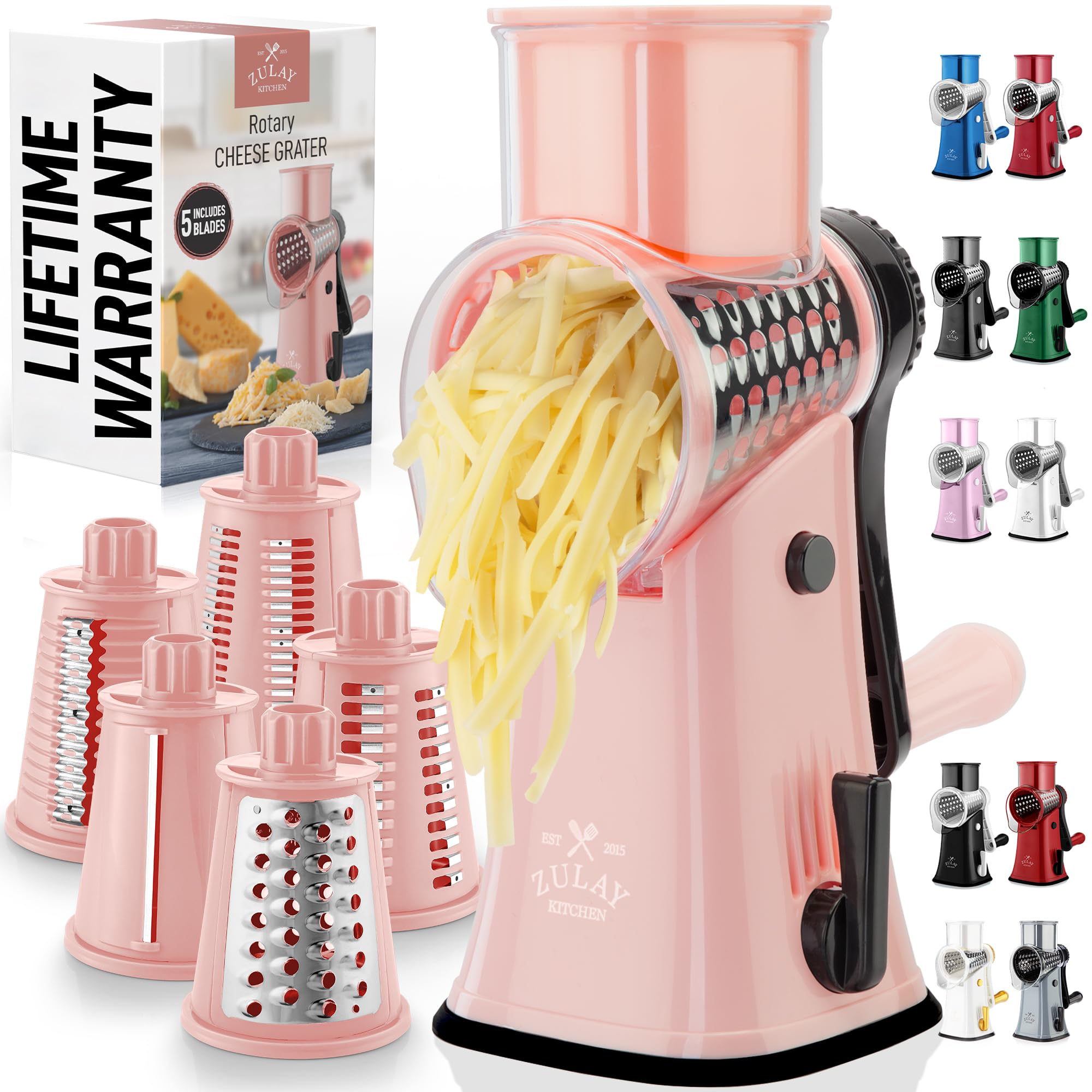 Zulay Kitchen Rallador Giratorio con cuchillas intercambiables para texturas de queso y verduras.