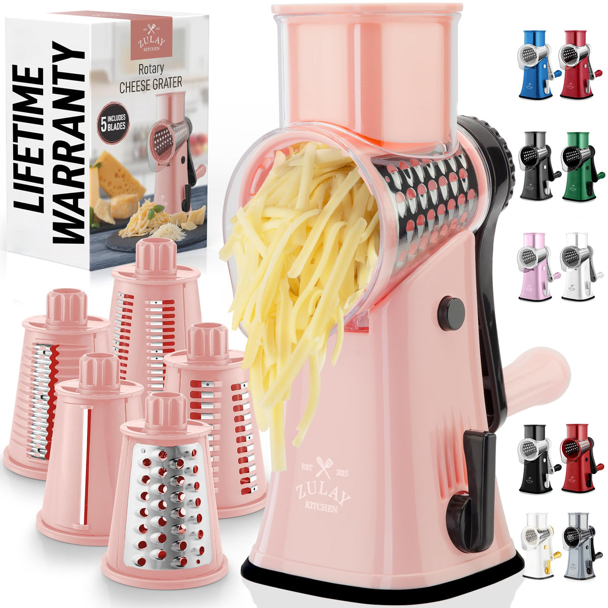 Zulay Kitchen Rallador Giratorio con cuchillas intercambiables para texturas de queso y verduras.