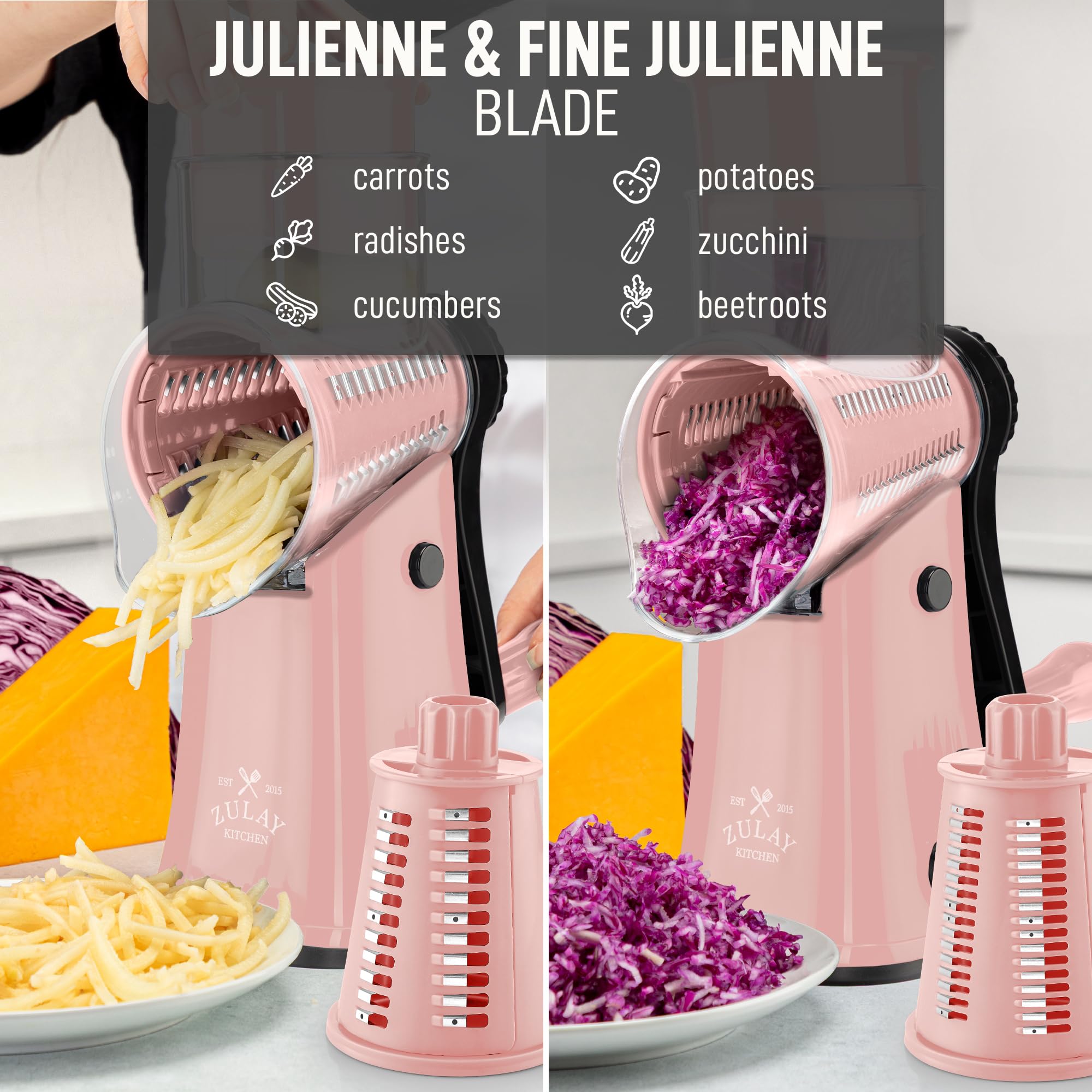 Zulay Kitchen Rallador Giratorio Cuchillas aptas para lavavajillas facilitan la limpieza.