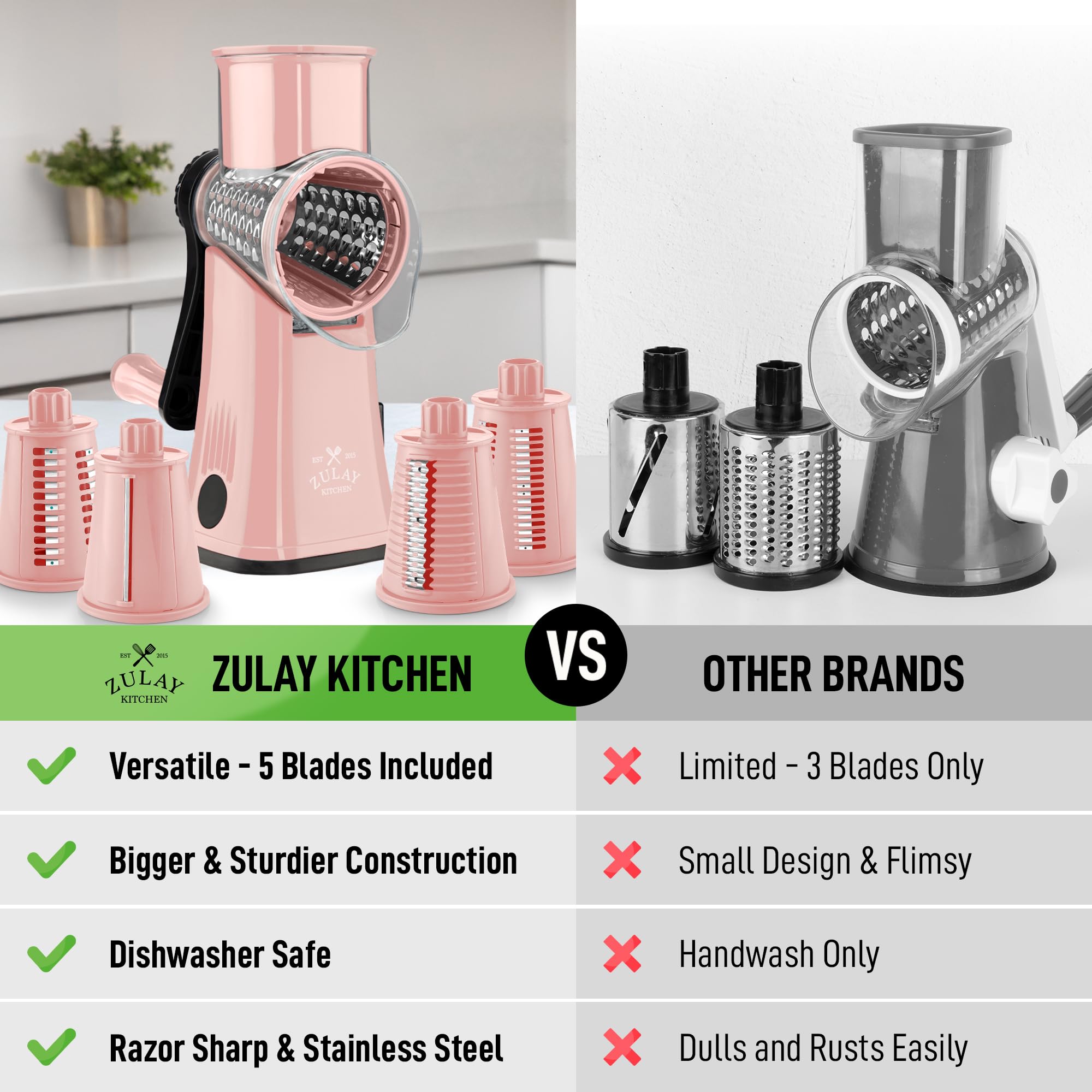 Zulay Kitchen Rallador Giratorio con manija ergonómica ofrece uso cómodo y seguro.